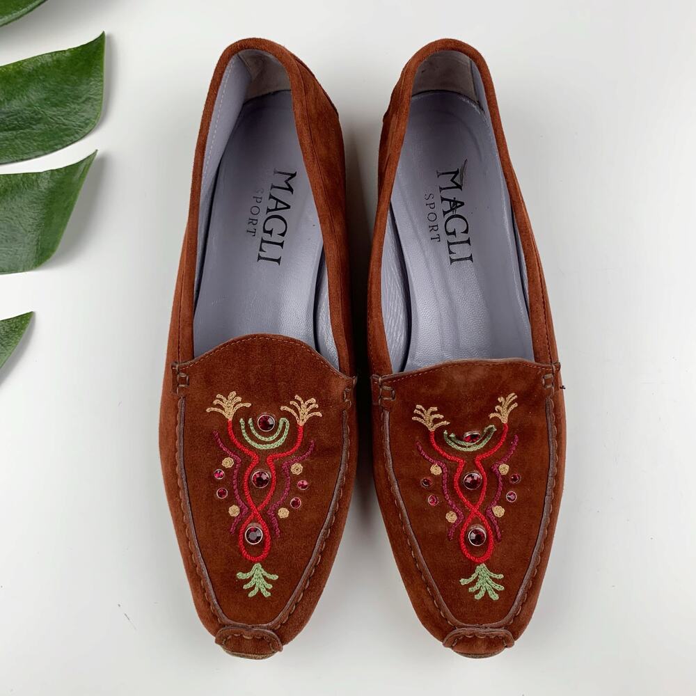 Bruno Magli Sport Flats Brown Suede Jeweled Embroidered Women's 9 - Picture 4 of 10
